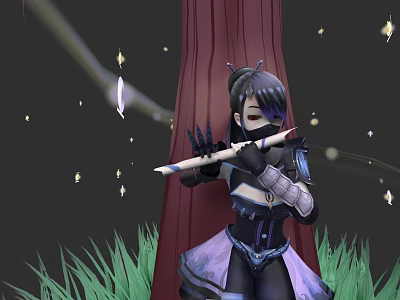Woman in black and purple outfit playing flute beside large tree with fireflies 3d model