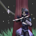 Woman in black and purple outfit playing flute beside large tree with fireflies