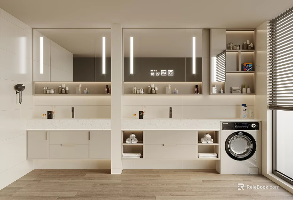 Modern Laundry Room Interior With White Cabinets Double Sinks And Washing Machine 3d model