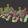 Colorful Model Buildings With Central Fountain And White Cloud Decorations Connected By Black Roads