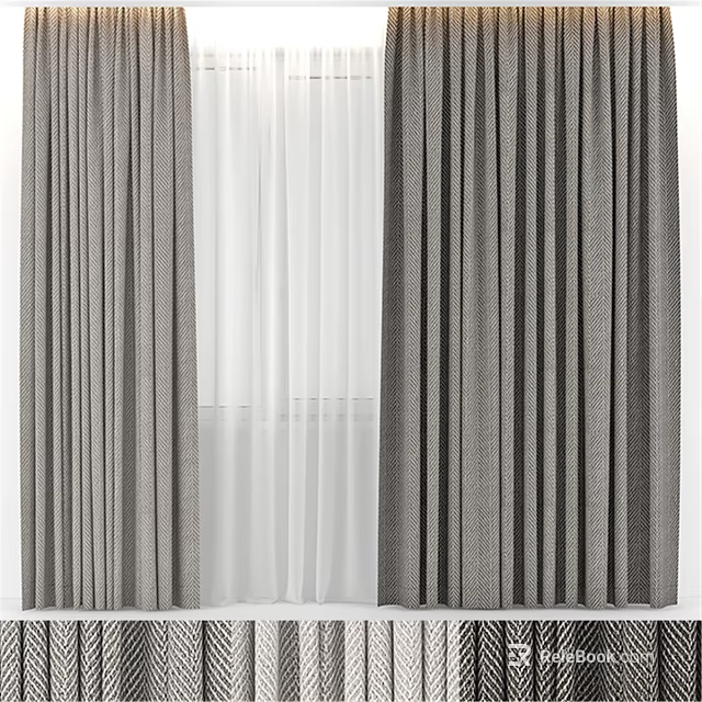 Modern Gray And White Double Layer Curtains With Sheer Fabric For Home Window Decor 3d model 