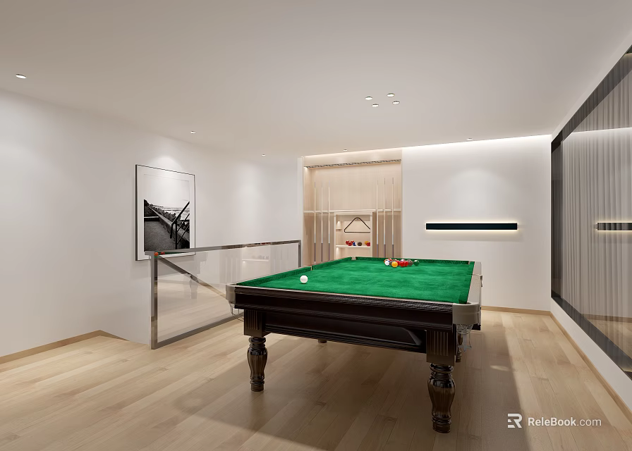 Modern Entertainment Room Interior Design Featuring Green Billiard Table Wooden Flooring And White Walls 3d model 