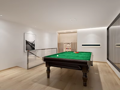 Modern Entertainment Room Interior Design Featuring Green Billiard Table Wooden Flooring And White Walls 3d model