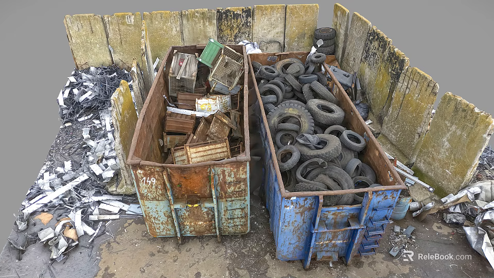 Recyclable Waste Materials In Bins With Tires Wooden Boxes And Metal Scraps 3d model 