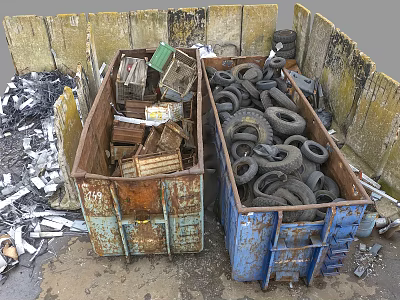 Recyclable Waste Materials In Bins With Tires Wooden Boxes And Metal Scraps 3d model