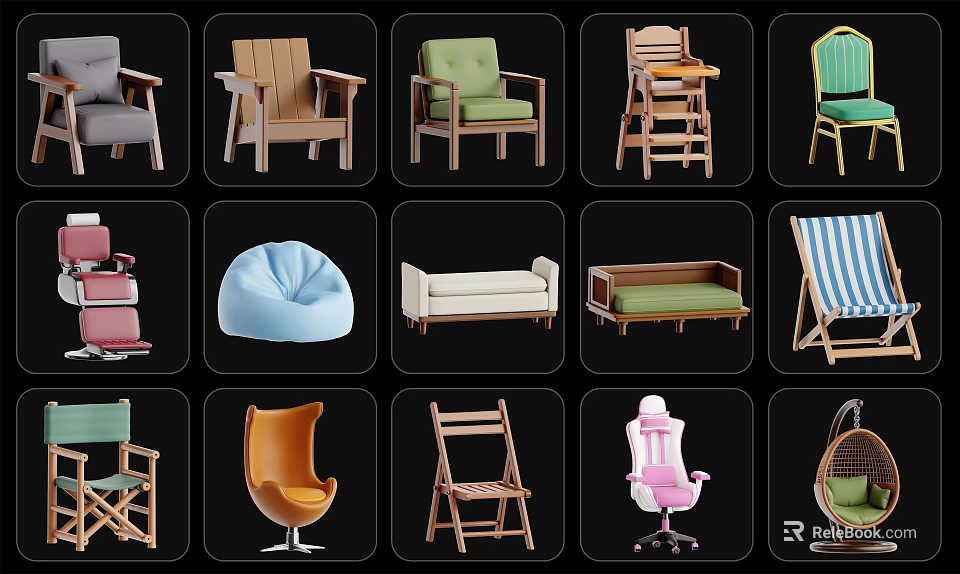 Assorted Leisure Chairs With Various Styles Comfortable Seats And Durable Materials For Home 3d model 