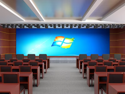 Spacious Conference Room Featuring Large Blue Screen Windows Logo And Seating Arrangement 3d model