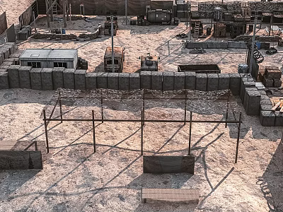 Construction Site With Metal Frames Concrete Walls And Construction Vehicles 3d model