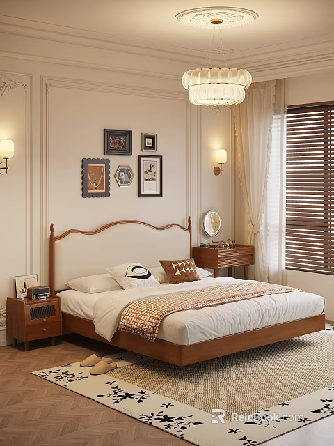 Mid Century Solid Wood Upholstered Double Bed With Comfortable Bedding For Warm Cozy Bedroom Decor 3d model 