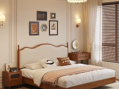 Mid Century Solid Wood Upholstered Double Bed With Comfortable Bedding For Warm Cozy Bedroom Decor 3d model