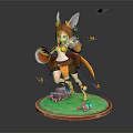 Fox Eared Girl Holding Red Item with Yellow Tail Among Butterflies on Green Base