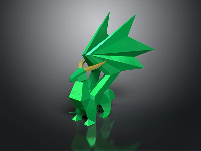 Green Geometric Dragon With Yellow Horns Triangular Wings Low Poly Style Dark Reflective Background 3d model