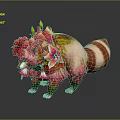 Fantasy Game Movie Character Raccoon With Red Pink Flowers Green Leaves And Striped Tail