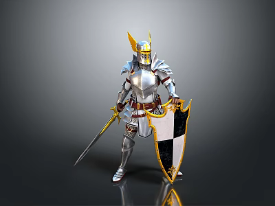 Man in Silver Armor with Golden Horned Helmet Holding Sword and Black and White Shield 3d model