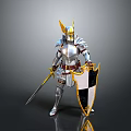 Man in Silver Armor with Golden Horned Helmet Holding Sword and Black and White Shield