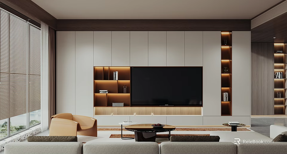 Modern Living Room Interior With TV Wall Built in Shelves Sofa Armchair And Coffee Table 3d model 