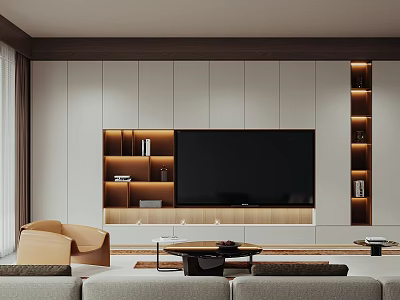 Modern Living Room Interior With TV Wall Built in Shelves Sofa Armchair And Coffee Table 3d model