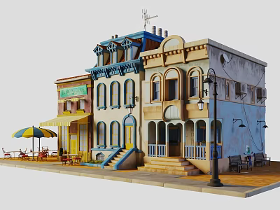 Colorful Urban Street Buildings With Yellow Umbrella Outdoor Seating Steps And Street Lamp 3d model