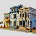 Colorful Urban Street Buildings With Yellow Umbrella Outdoor Seating Steps And Street Lamp