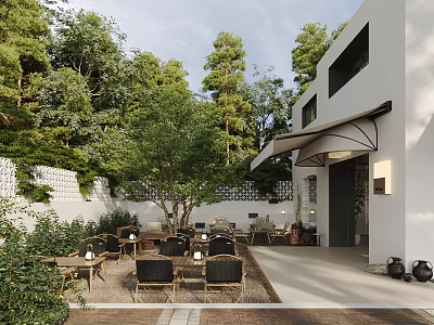 Outdoor Restaurant Courtyard With Green Trees White Building Canopy And Garden Seating 3d model