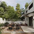 Outdoor Restaurant Courtyard With Green Trees White Building Canopy And Garden Seating