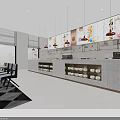 Modern Restaurant Interior With Large Menu Board Service Counter Shelves And Hanging Lights