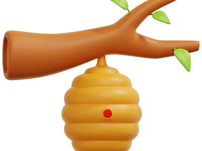 Arbor Branch with Green Leaves and Hanging Yellow Beehive Featuring Red Spot 3d model