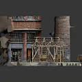 Cartoon Style Building Construction Scene With Red Brick Structure And Wooden Scaffolding
