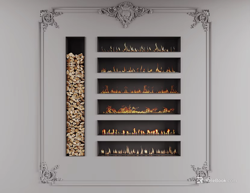 Classic Fireplace Interior Design With Decorative White Frame And Wood Storage Tiered Shelves 3d model 
