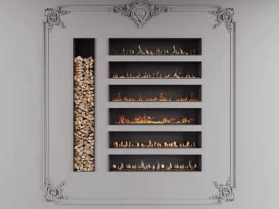 Classic Fireplace Interior Design With Decorative White Frame And Wood Storage Tiered Shelves 3d model