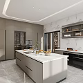 Modern Kitchen Interior Design With Gray Cabinets Central Island And Glass Door Storage