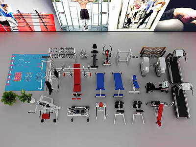 Various Fitness Equipment Including Dumbbells Treadmills Exercise Benches and Weight Racks 3d model