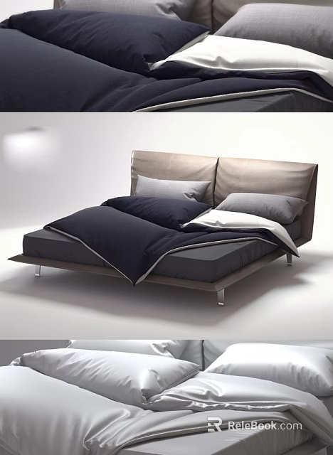 Modern Double Bed Design With Beige Upholstered Headboard Dark Gray Mattress And Blue Gray Bedding 3d model 