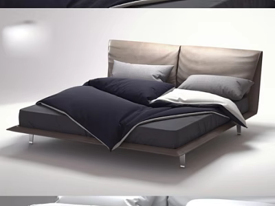 Modern Double Bed Design With Beige Upholstered Headboard Dark Gray Mattress And Blue Gray Bedding 3d model