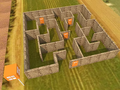 Outdoor Maze Photo Check In Spot With Stone Walls Green Grass And Orange EXIT Boxes 3d model