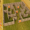Outdoor Maze Photo Check In Spot With Stone Walls Green Grass And Orange EXIT Boxes