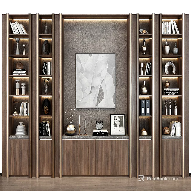 Modern Elegant Wooden Bookcase With Decorative Painting Ornaments And Marble Countertop 3d model 
