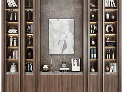 Modern Elegant Wooden Bookcase With Decorative Painting Ornaments And Marble Countertop 3d model