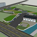 Outdoor Truck Parking Canopy Covering Blue Trucks In Green Tree Area