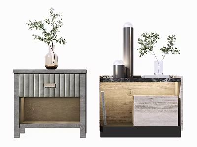 Modern Grey Striped And Black Gold Nightstands With Vase Green Plants And Cylindrical Lamp 3d model