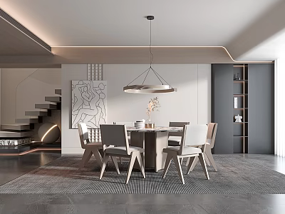 Modern Restaurant Dining Area With Round Table Chairs Hanging Pendant Light Decorative Painting And Bookshelf 3d model