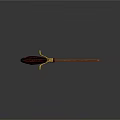 Red Decorative Object With Golden Accents And Long Handle On Gray Background