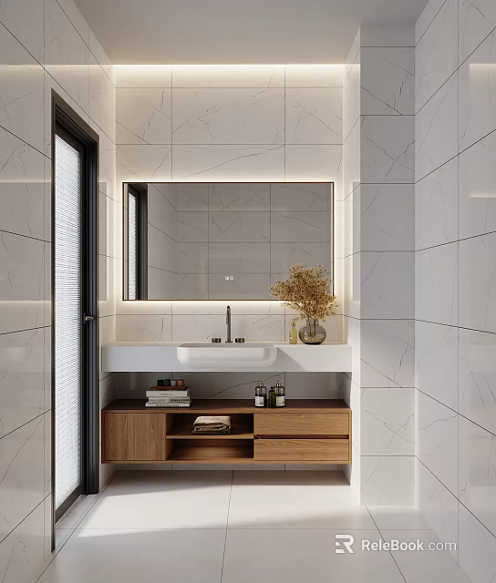 Sleek Modern Bathroom Vanity Cabinet With Wooden Storage Marble Top And Mirror 3d model 