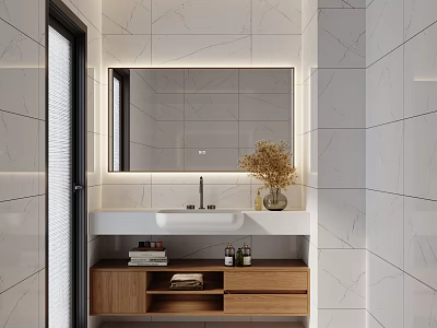 Sleek Modern Bathroom Vanity Cabinet With Wooden Storage Marble Top And Mirror 3d model