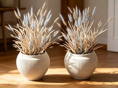 Two White Textured Vases With Dried Wheat Stems On Wooden Floor In Natural Light 3d model