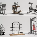 Variety of Fitness Sports Equipment Including Elliptical Trainer Stationary Bike Step Machine and Barbell Rack