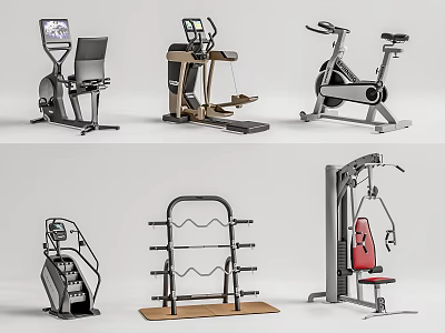Variety of Fitness Sports Equipment Including Elliptical Trainer Stationary Bike Step Machine and Barbell Rack 3d model