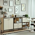 Beige Black Sideboard With Coffee Machine Beans Photo Frames Green Plant Shelves And Wall Art