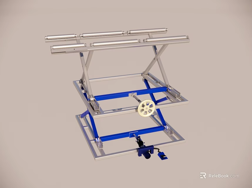 Mechanical Metal Frame Structure with Blue Components and Wheel Support Design 3d model