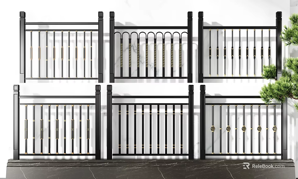 Modern Decorative Fences With Black Frame Gold Accents And Various Stylish Designs 3d model 